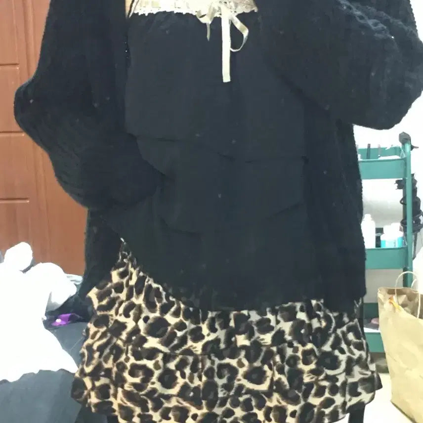 [BUNJANG] Gyaru Leopard Print Coordi Set / 갸루 호피 코디셋 캉캉나시 치마 리본가디건 오네갸루