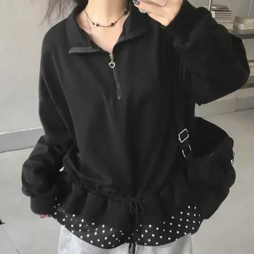 [BUNJANG] Dot Pattern Half-Zip Pullover Sweatshirt / 도트 땡땡이 하프집업 맨투맨 긴팔 티셔츠 블랙 <3