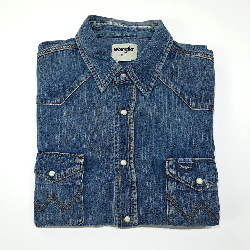 [BUNJANG] Wrangler 90s Cotton Western Denim Shirt / CL692 XL 랭글러 90s 코튼 웨스턴 미디엄블루 데님셔츠 남방