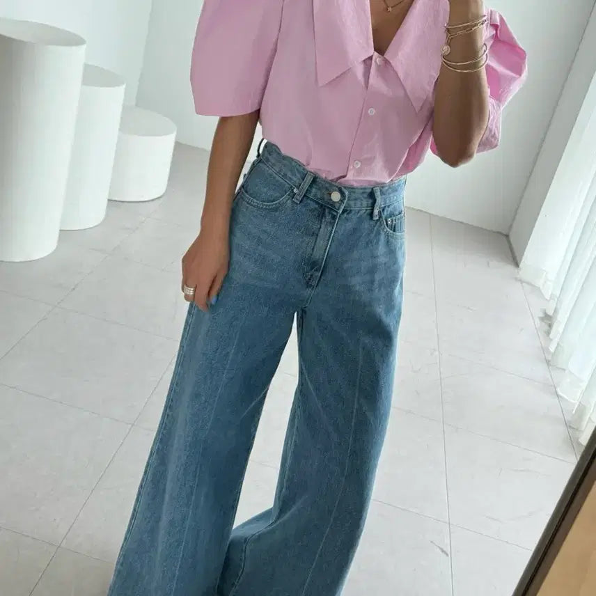 [BUNJANG] Lovely Big Collar Puff Short Sleeve Blouse / 러블리 빅카라 퍼프 반팔 블라우스