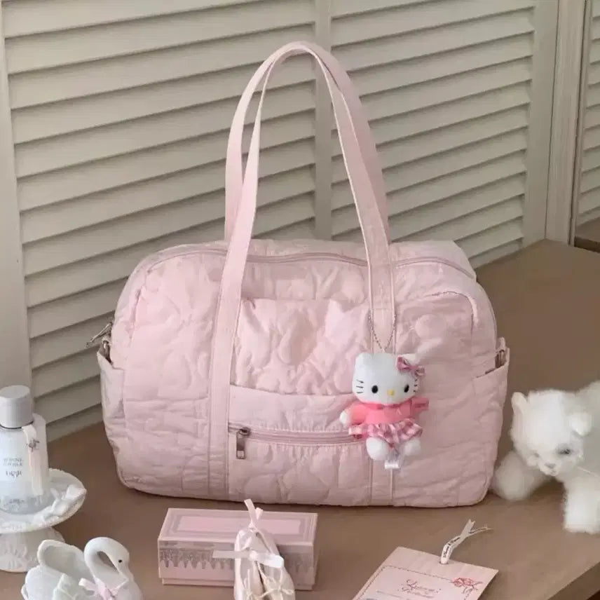 [BUNJANG] Pink Heart Quilted Tote Bag / 핑크 하트 퀼팅 토트백 키티