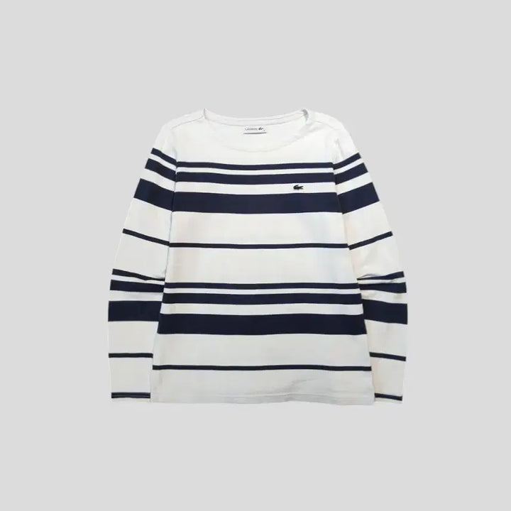 [BUNJANG] Lacoste White Navy Stripe Croc Patch Boat Neck Long Sleeve Shirt / 라코스테 화이트 네이비 스트라이프 배색 크록패치 로고 마린룩 보트넥 긴팔
