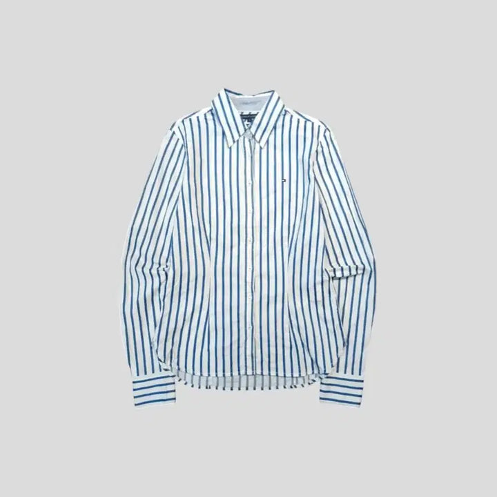 [BUNJANG] Tommy Hilfiger White Blue Striped Logo Fitted Shirt (Woman&