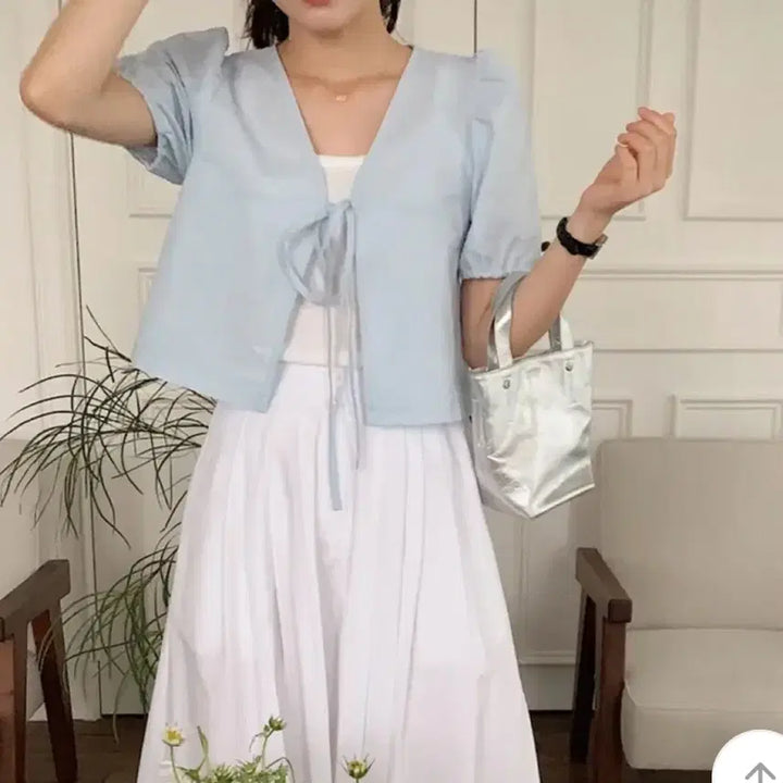 [SOLD OUT] 새옷) 시어서커 퍼프 블라우스 가디건 소라색