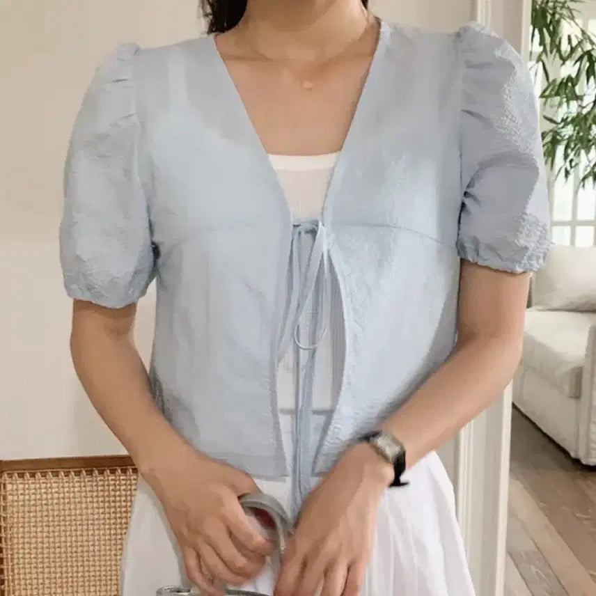 [SOLD OUT] 새옷) 시어서커 퍼프 블라우스 가디건 소라색