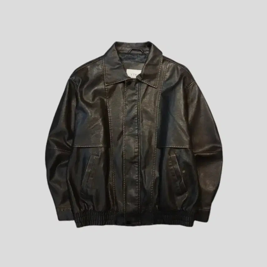 [BUNJANG] VTWO Deep Brown Two-Way Zipper Vegan Leather Bomber Jacket / VTWO 브이투 딥브라운 절개 투웨이지퍼 비건레더 카라넥 봄버 레더자켓