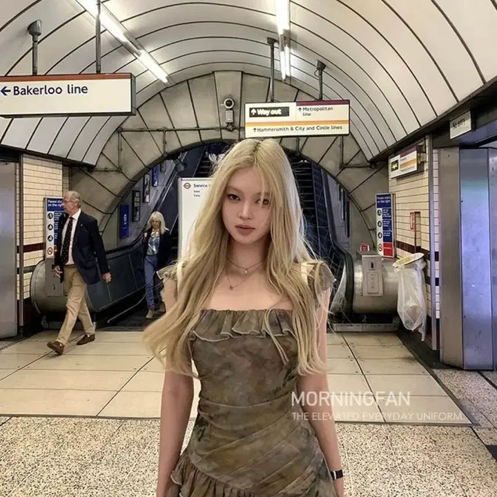 [BUNJANG] Parisian Vibe Printed Frill Off-Shoulder Mini Dress (S Size) / 파리지앵바이브 나염 프릴 오프숄더 미니원피스 S사이즈 (택포)