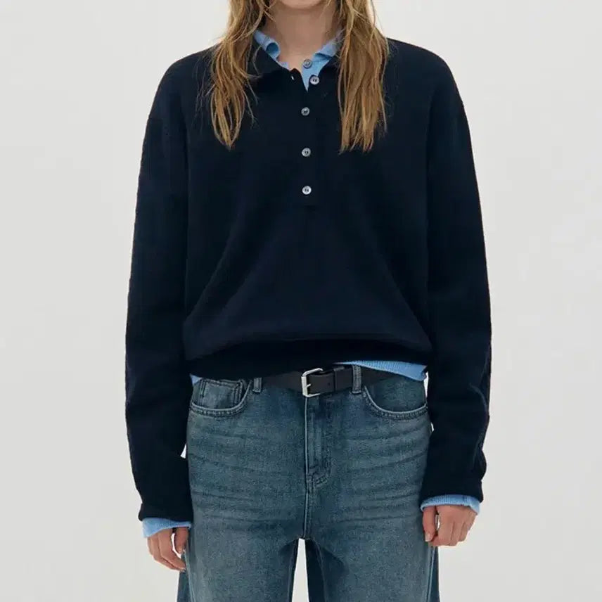 [BUNJANG] Low Classic Merino Cashmere Open Collar Knit Top (Navy) / 로우클래식 메리노 캐시미어 오픈 카라티 (네이비)