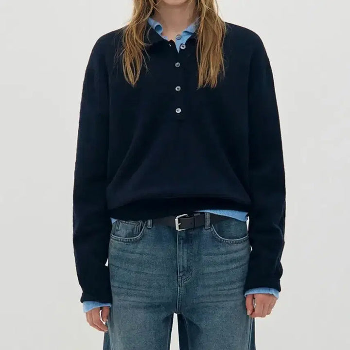 [BUNJANG] Low Classic Merino Cashmere Open Collar Knit Top (Navy) / 로우클래식 메리노 캐시미어 오픈 카라티 (네이비)
