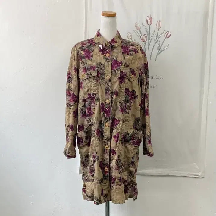 [BUNJANG] Buckaroo Floral Pattern Long Shirt Jacket / 버커루 플라워 패턴 롱 셔츠 야상 자켓