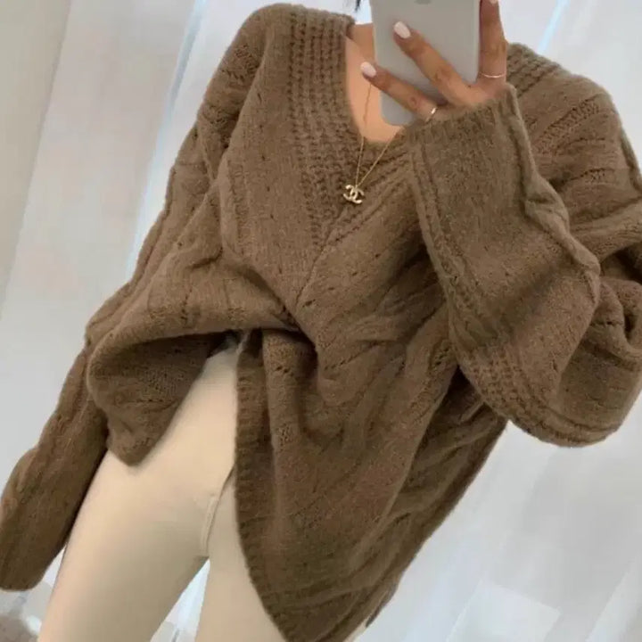 [BUNJANG] YEO RI Oversized Deep V-Neck Semi-Long Knit Sweater / 여리 오버핏 딥 브이넥 세미 롱 니트 루즈핏