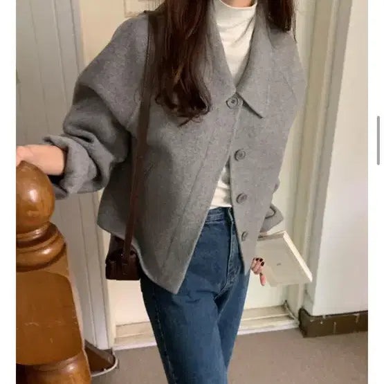 [BUNJANG] Pureda Handmade Coat Hidden Button Short Mélange Grey S / 울90% 퓨어다 핸드메이드 코트 히든 숏 멜란지그레이 S