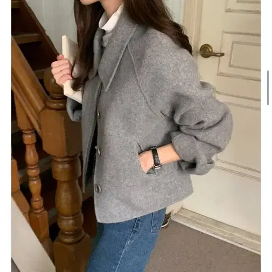[BUNJANG] Pureda Handmade Coat Hidden Button Short Mélange Grey S / 울90% 퓨어다 핸드메이드 코트 히든 숏 멜란지그레이 S
