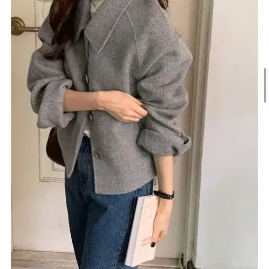 [BUNJANG] Pureda Handmade Coat Hidden Button Short Mélange Grey S / 울90% 퓨어다 핸드메이드 코트 히든 숏 멜란지그레이 S