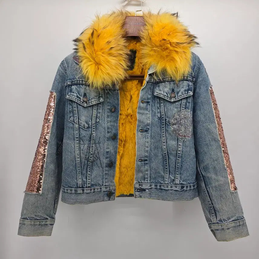 [BUNJANG] Y2K Vintage Denim Fur Jacket / Y2K luxury 빈티지 스타일 데님 퍼 자켓  [C40214]