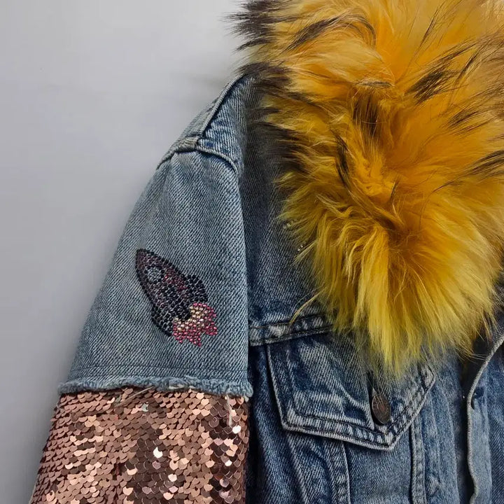 [BUNJANG] Y2K Vintage Denim Fur Jacket / Y2K luxury 빈티지 스타일 데님 퍼 자켓  [C40214]