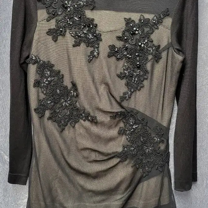 [BUNJANG] Doho Black Floral Embroidered Long Blouse/Dress / Doho 블랙 시스루 플라워 자수 롱 블라우스 / 원피스