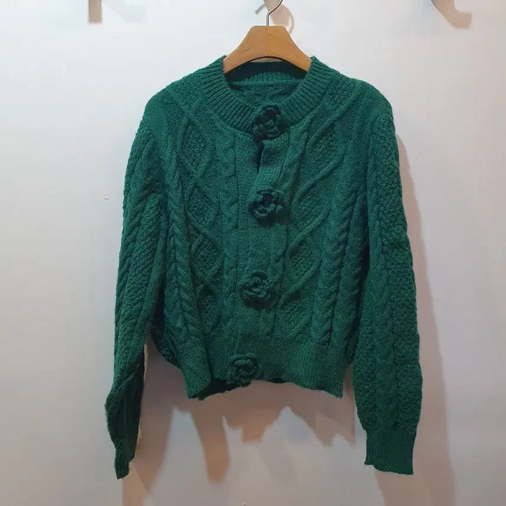 [BUNJANG] Flower Button Knit Cardigan Green / 플라워 버튼 니트 가디건 그린