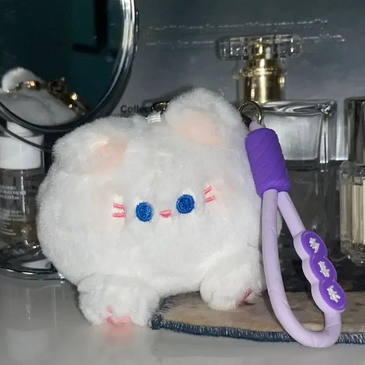 [BUNJANG] White Cat Plush Keyring with Purple Strap / 흰색 고양이 인형 키링 퍼플 스트랩 삑삑이 인형