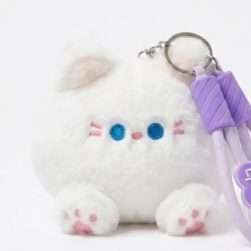 [BUNJANG] White Cat Plush Keyring with Purple Strap / 흰색 고양이 인형 키링 퍼플 스트랩 삑삑이 인형