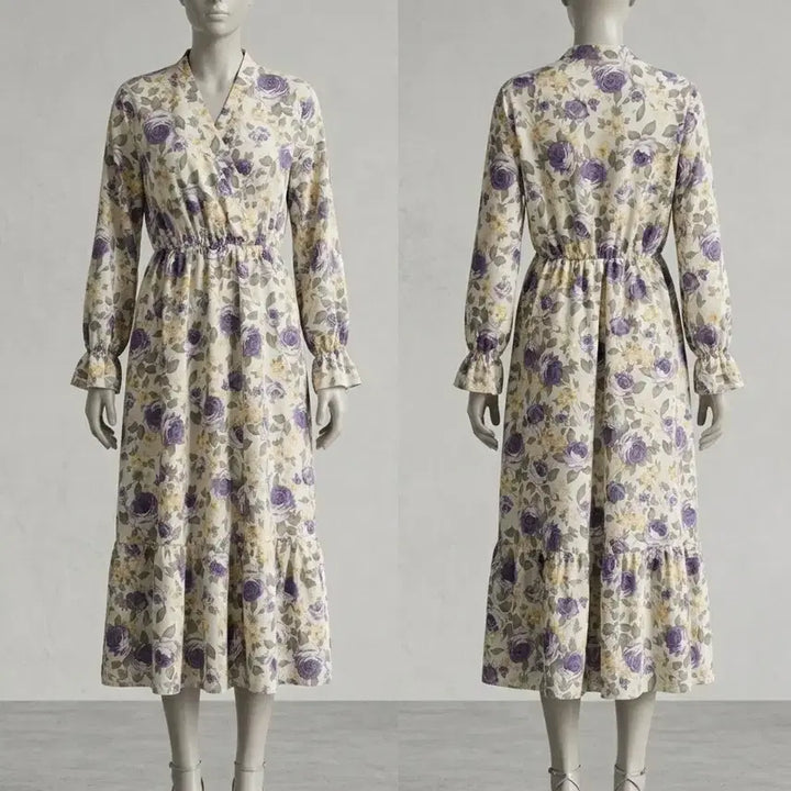 [BUNJANG] Floral Pattern Long Sleeve Ruffle Dress / 플라워 패턴 롱 원피스 긴팔 캉캉원피스