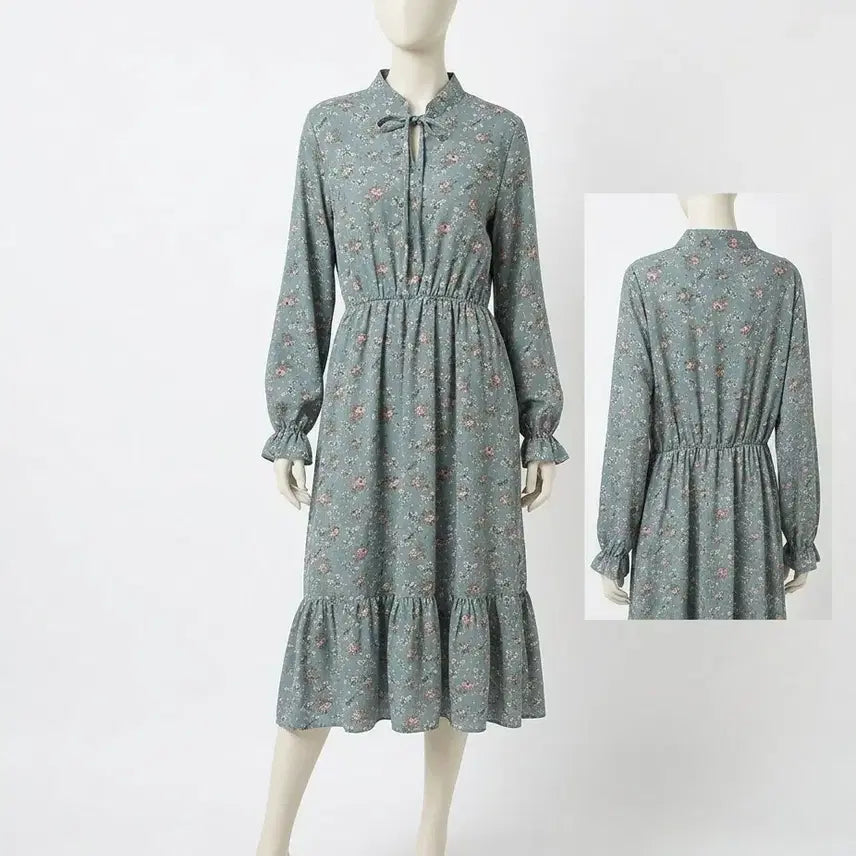 [BUNJANG] Floral Long Dress with Ribbon Neck / 플라워 롱원피스 잔꽃무늬 리본 넥