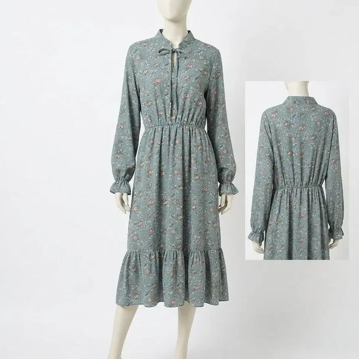 [BUNJANG] Floral Long Dress with Ribbon Neck / 플라워 롱원피스 잔꽃무늬 리본 넥