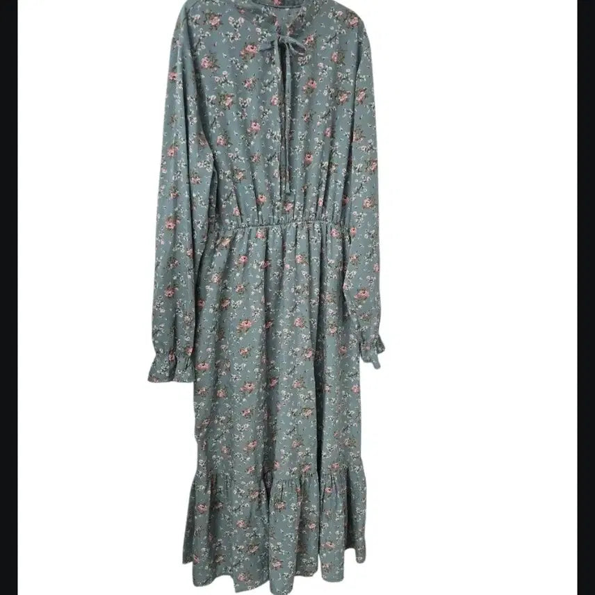 [BUNJANG] Floral Long Dress with Ribbon Neck / 플라워 롱원피스 잔꽃무늬 리본 넥