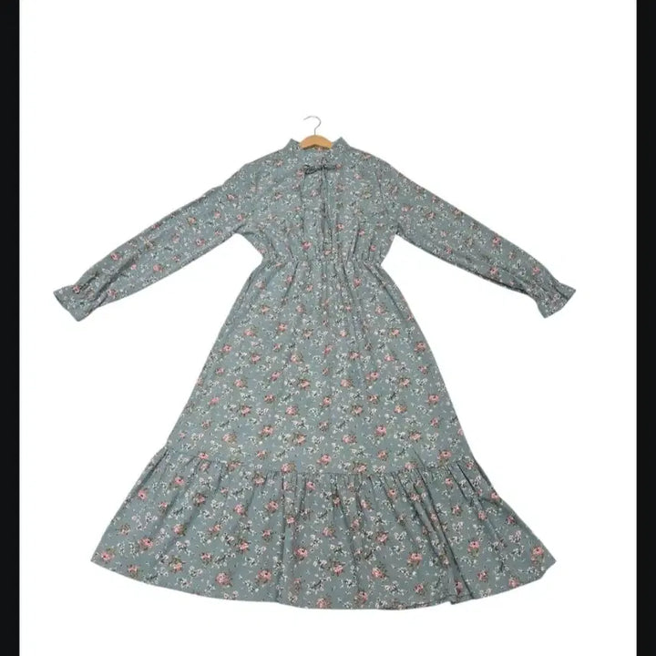[BUNJANG] Floral Long Dress with Ribbon Neck / 플라워 롱원피스 잔꽃무늬 리본 넥