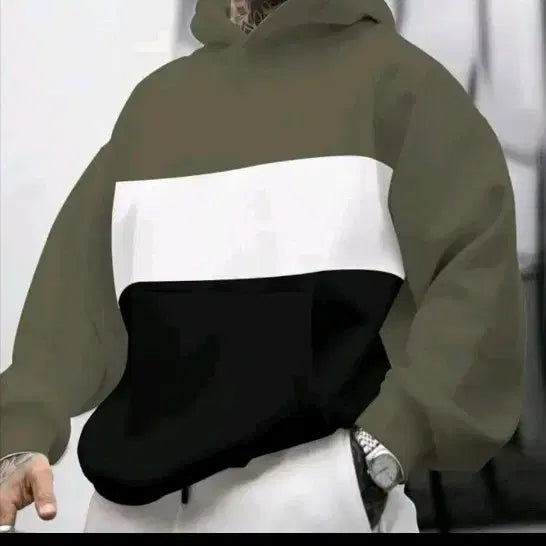 [BUNJANG] Color Block Hooded Sweatshirt / 배색 후드티 카키/화이트/블랙105