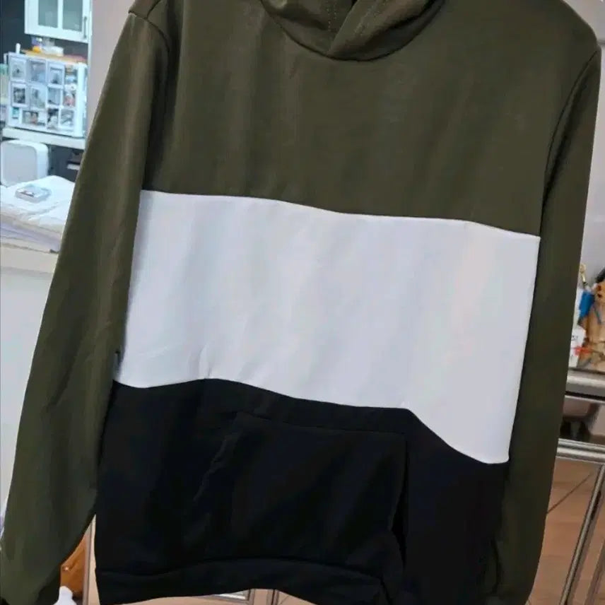 [BUNJANG] Color Block Hooded Sweatshirt / 배색 후드티 카키/화이트/블랙105