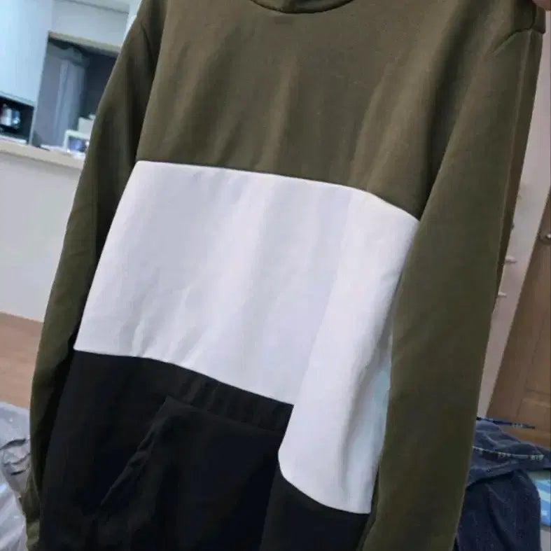 [BUNJANG] Color Block Hooded Sweatshirt / 배색 후드티 카키/화이트/블랙105
