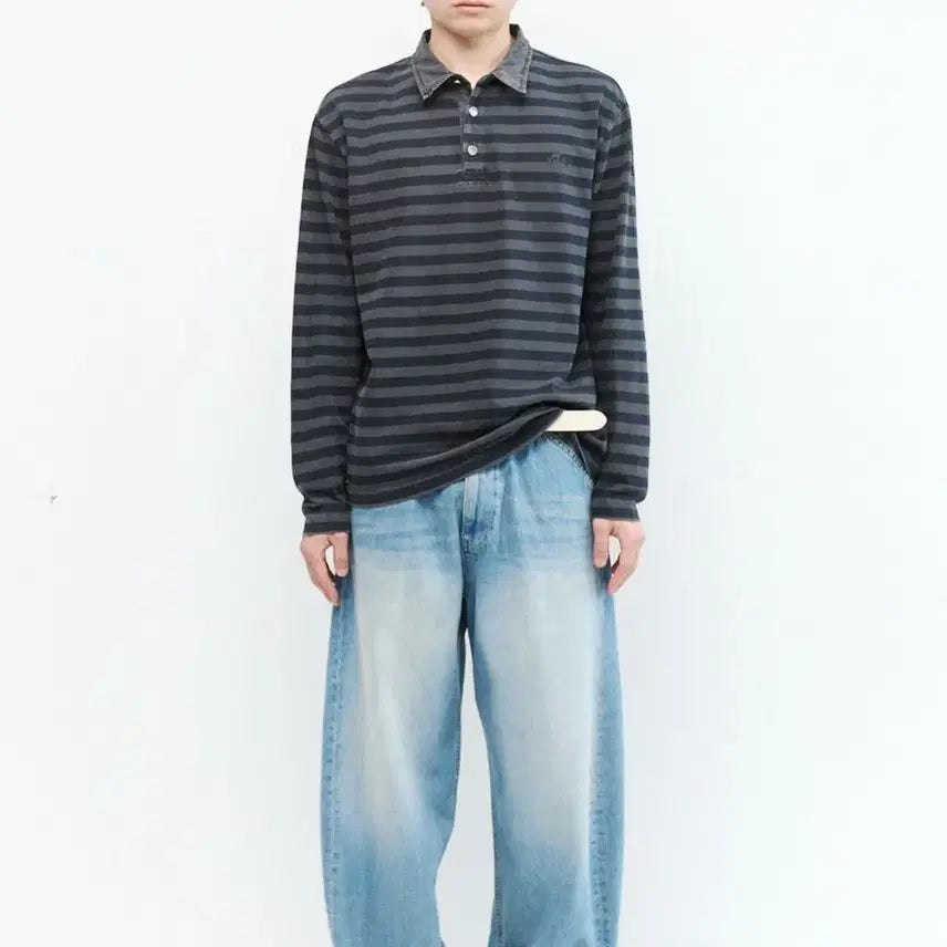 [BUNJANG] Hatching Room VTG Stripe Polo Tee / 해칭룸 VTG Stripe Polo Tee 폴로티 Dyed Blue 색상