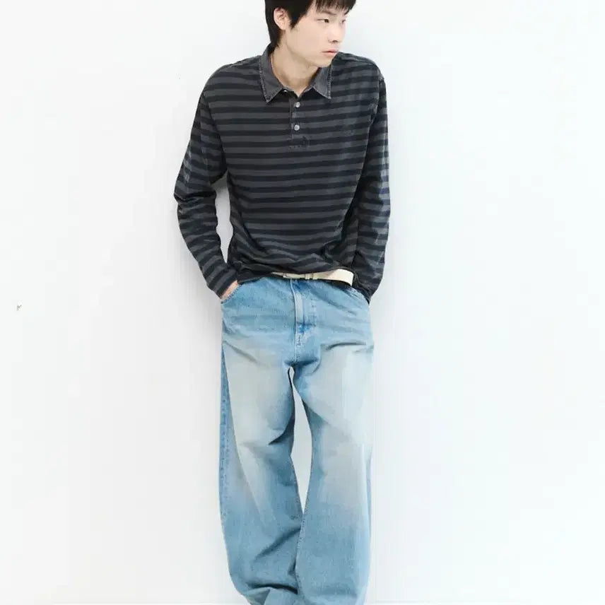 [BUNJANG] Hatching Room VTG Stripe Polo Tee / 해칭룸 VTG Stripe Polo Tee 폴로티 Dyed Blue 색상