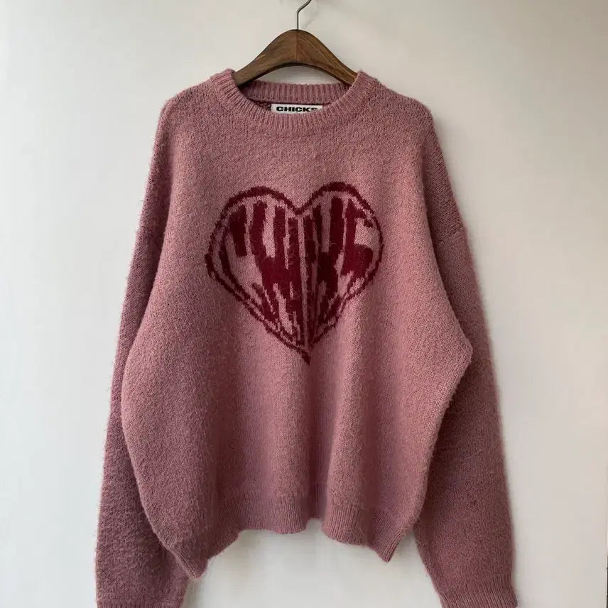 [BUNJANG] CHICKS Pink Heart Knit Sweater / CHICKS 핑크 하트 니트 스웨터