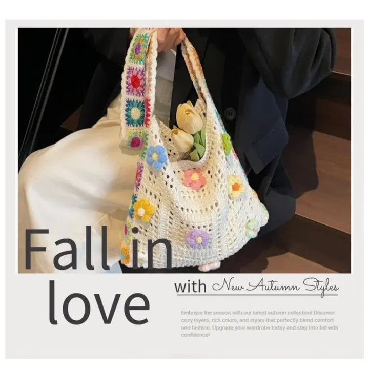 [BUNJANG] Knitted Floral Motif Shoulder Bag / 뜨개 꽃 모티브 숄더백