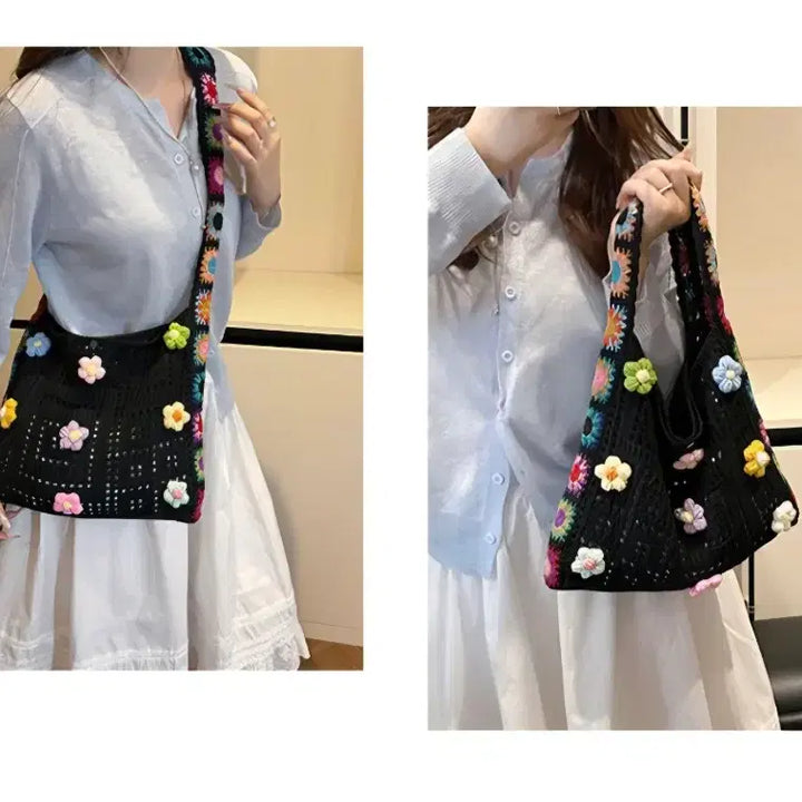 [BUNJANG] Knitted Floral Motif Shoulder Bag / 뜨개 꽃 모티브 숄더백
