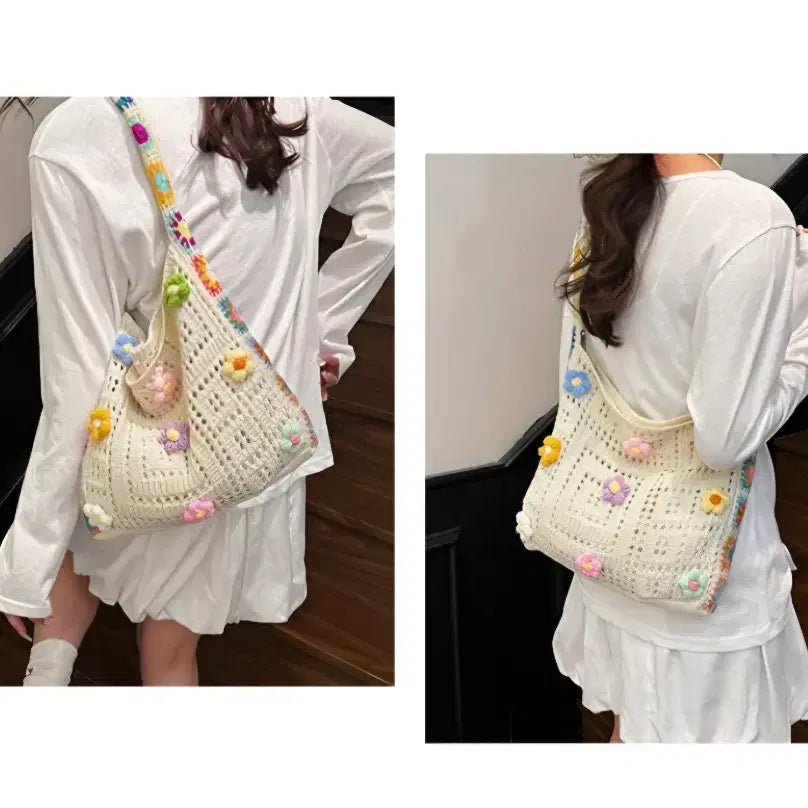 [BUNJANG] Knitted Floral Motif Shoulder Bag / 뜨개 꽃 모티브 숄더백