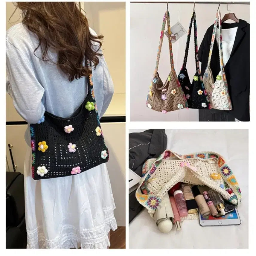[BUNJANG] Knitted Floral Motif Shoulder Bag / 뜨개 꽃 모티브 숄더백