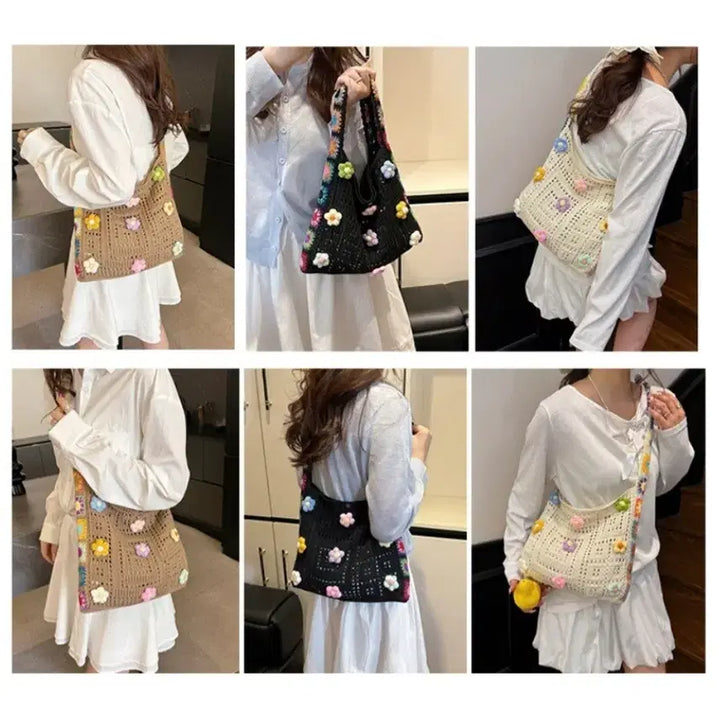 [BUNJANG] Knitted Floral Motif Shoulder Bag / 뜨개 꽃 모티브 숄더백