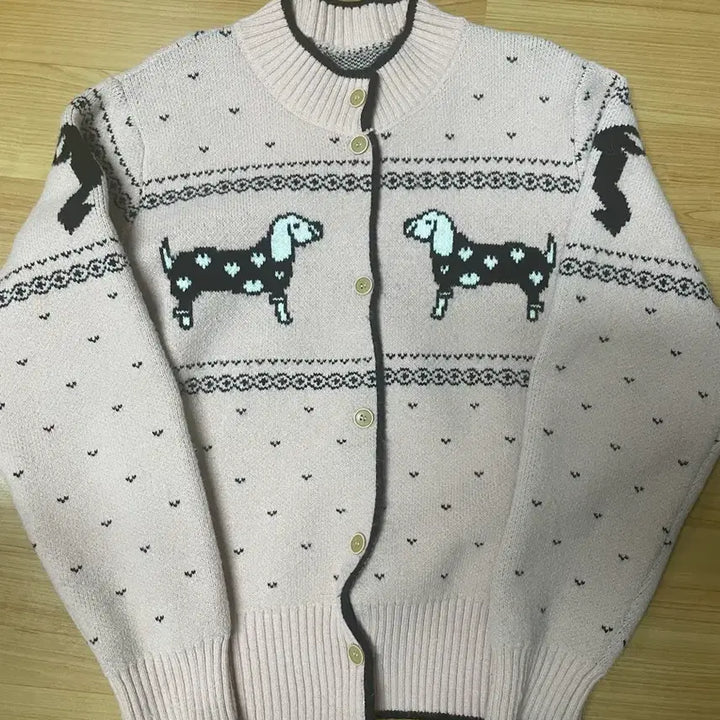 [BUNJANG] Pink Dog Pattern Knit Cardigan / 강아지 패턴 핑크색 가디건 니트