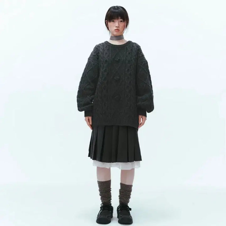 [BUNJANG] Koiseio Pompom Cable Knit Charcoal Sweater / 코이세이오 폼폼 케이블 니트 차콜