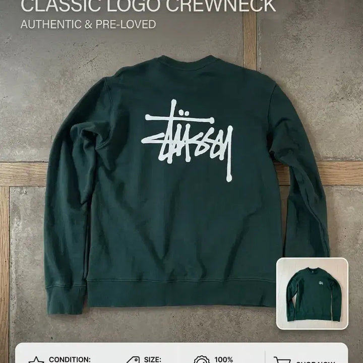 [BUNJANG] Stüssy Basic Crewneck Sweatshirt Forest Green / 스투시 베이직 크루넥 스웨트셔츠 포레스트