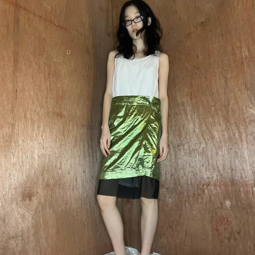 [BUNJANG] Toga Pulla Metallic Green Layered Mesh Skirt / 토가 풀라 메탈릭 그린 랩 레이어드 메쉬 스커트