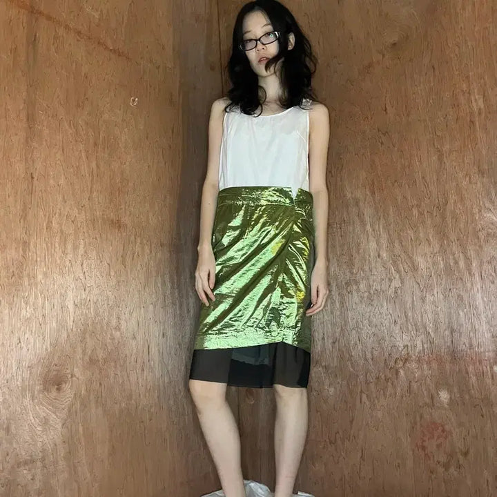 [BUNJANG] Toga Pulla Metallic Green Layered Mesh Skirt / 토가 풀라 메탈릭 그린 랩 레이어드 메쉬 스커트