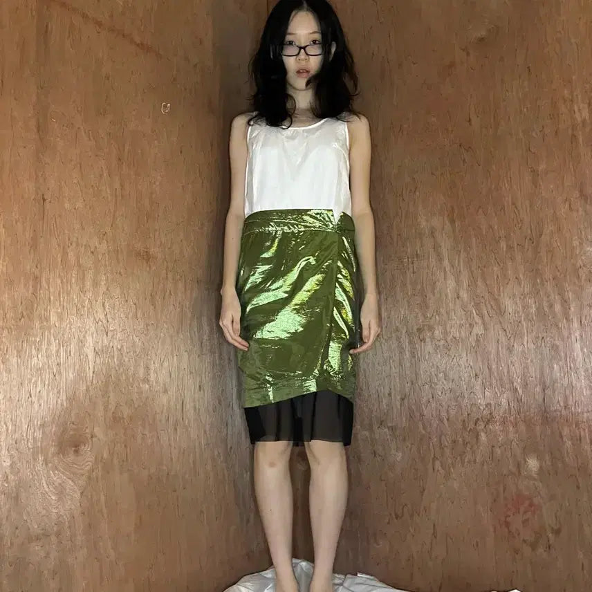 [BUNJANG] Toga Pulla Metallic Green Layered Mesh Skirt / 토가 풀라 메탈릭 그린 랩 레이어드 메쉬 스커트