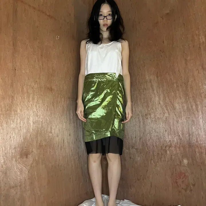 [BUNJANG] Toga Pulla Metallic Green Layered Mesh Skirt / 토가 풀라 메탈릭 그린 랩 레이어드 메쉬 스커트