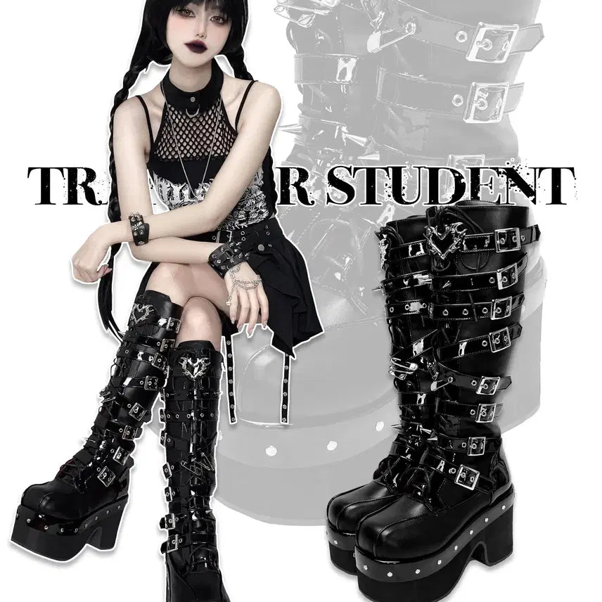 [BUNJANG] Subculture Revenge Spike Platform Long Boots / 전학생 서브컬쳐 복수 가시 펑크 플랫폼 통굽 롱 부츠