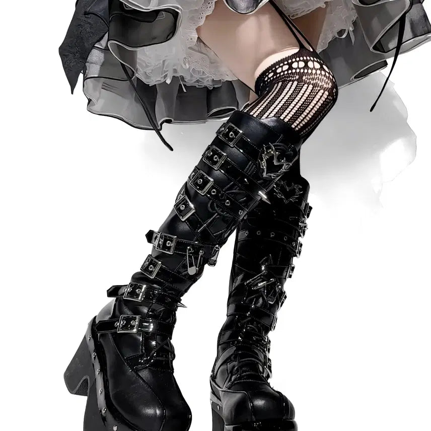 [BUNJANG] Subculture Revenge Spike Platform Long Boots / 전학생 서브컬쳐 복수 가시 펑크 플랫폼 통굽 롱 부츠