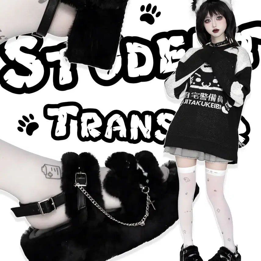 [BUNJANG] Cat Face Platform Slippers / 전학생 우는 고양이 얼굴 털 통굽 슬리퍼
